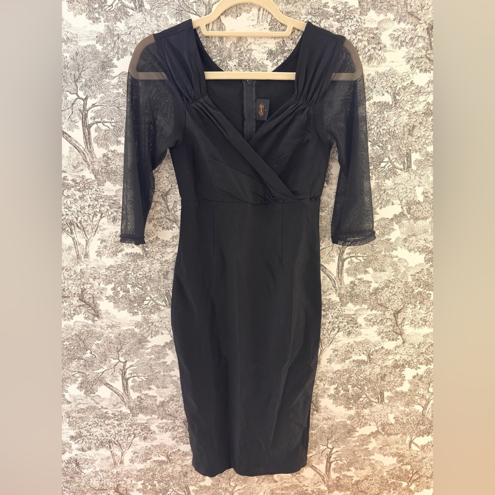Steady Clothing Black Mesh Sleeve Diva Pinup Dress Sheer Size L Wiggle Retro EUC